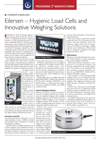 Download and read article: Eilersen Hygienic Load Cells - FOOD & DRINK EUROPE April 2016